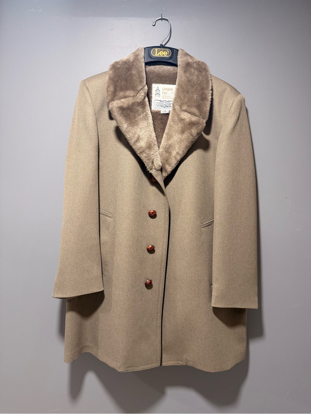 London Fog Tan Wool Coat with Faux Fur Collar